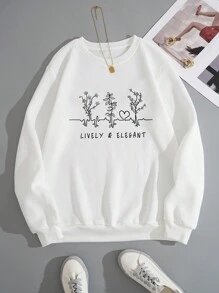 青少年女孩植物&標語圖案加絨內裏運動衫 - 白色 - 查看 1