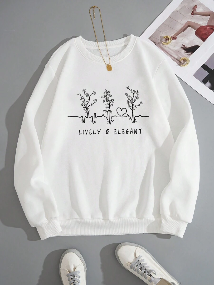 青少年女孩植物&標語圖案加絨內裏運動衫 - 白色 - 查看 1