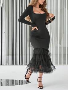 SHEIN Privé Vestido ajustado de malla en contraste bajo sirena - Negro - Ver 3