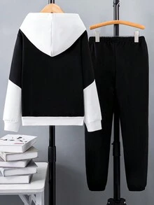 SHEIN Boys' Colorblock Hoodie And Pants Set With Letter Print, For Kids - Black - View 2