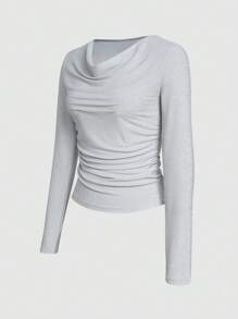 SHEIN Unity Áo thun nữ Vắt Xù màu trơn Giải trí - Bạc - Xem 5