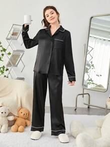 SHEIN Leap Crew Teen Girl Contrast Piping Satin PJ Set - Black - View 3