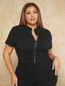 SHEIN SXY Kích thước lớn Đứng cổ áo Dây kéo Ngắn tay Áo thun - màu đen - Xem 6