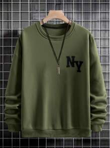 RueChic Men's Letter Printed Round Neck Sweatshirt - Army Green - View 3
