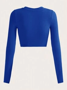 SHEIN EZwear Hơn Chất rắn Scoop Cổ Áo phông Crop - Xanh đậm - Xem 2