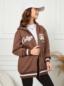 RueChic Teen Girls' Letter Embroidery Zipper Front Hooded Jacket - Brown - View 5