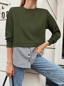 EURMUSE Women's Striped 2 In 1 Sweatshirt - Army Green - View 3