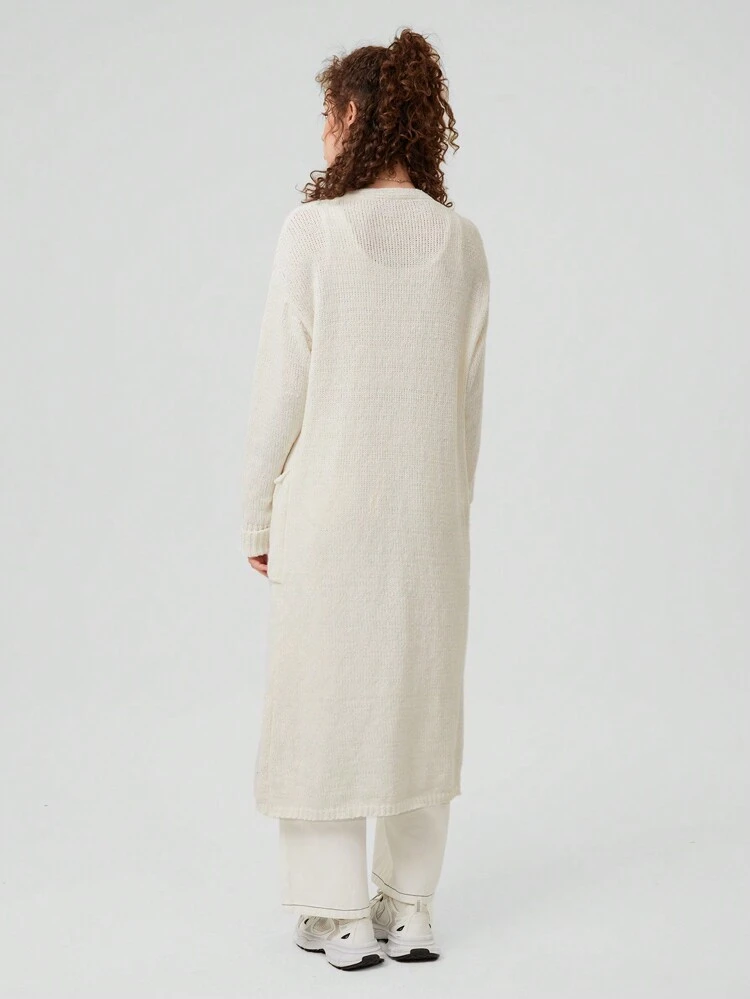 Women's Solid Color Long Cardigan With Double Pockets And Drop Shoulder Design