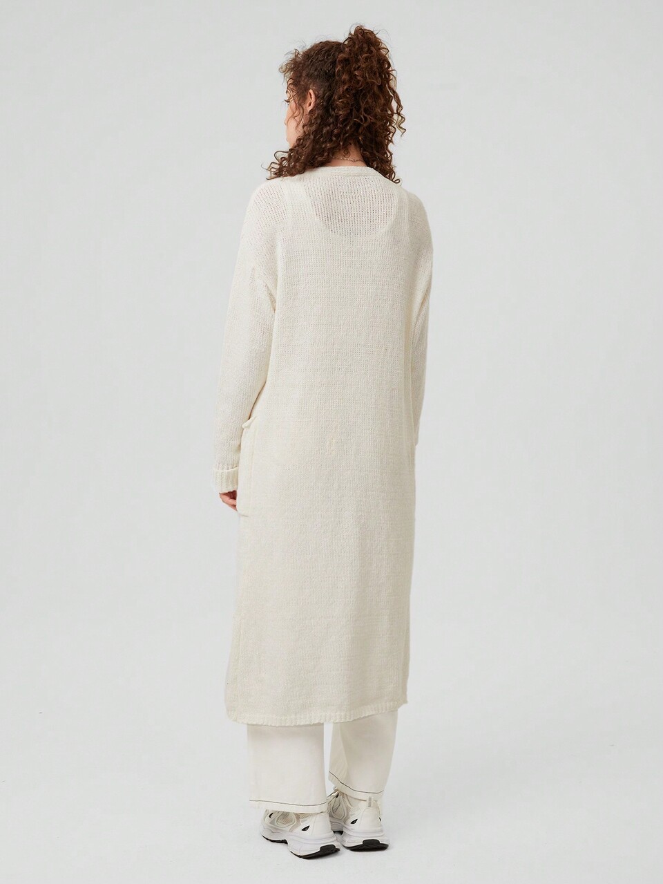 Women's Solid Color Long Cardigan With Double Pockets And Drop Shoulder Design