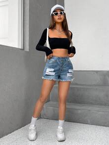 紐扣門襟破洞毛邊牛仔短褲 - 藍色 - 查看 5