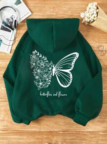 INAWLY Sudadera con capucha forrada térmicamente con bolsillo canguro, cordón ajustable, gráfico de mariposas y letras, manga larga con estampado de mariposas y flores