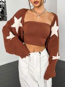 SHEIN Unity Bộ áo len cardigan tay dài họa tiết hoa văn ngũ giác jacquard trễ vai và áo ống ngắn cho nữ - màu nâu - Xem 4