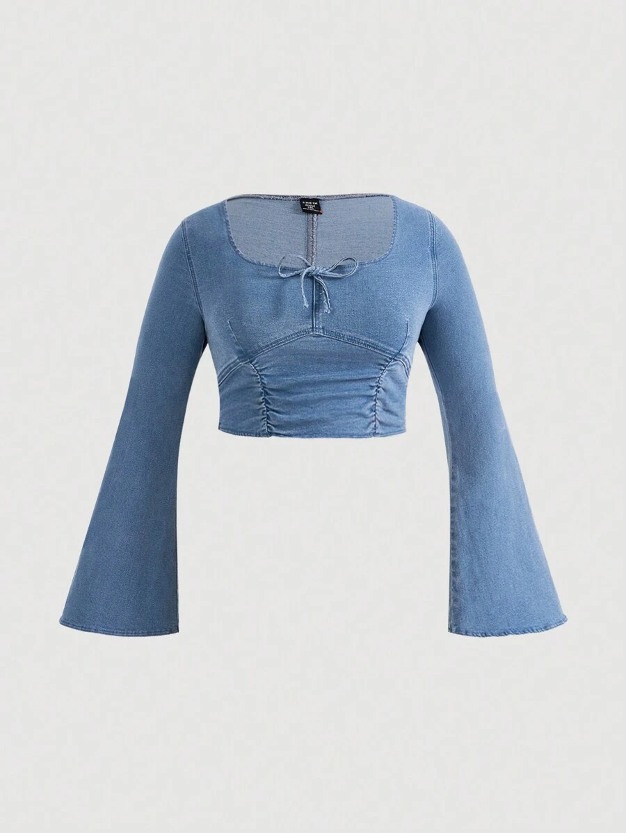 SHEIN MOD Plus Tie Front Trumpet Sleeve Denim Top - Light Wash - View 1