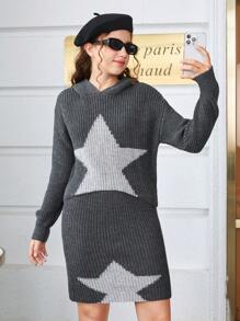 青少年女孩星星圖案落肩袖連帽毛衣和針織裙