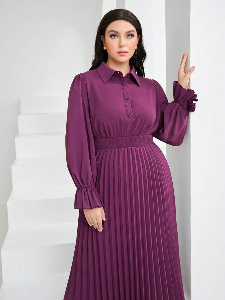 Plus Size Lace Sleeve Pleated Hem Dress