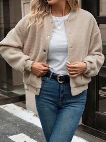 SHEIN Frenchy Drop Shoulder Teddy Bomber Jacket - Khaki - View 3