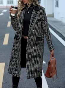 SHEIN LUNE Chevron Print Flap Detail Double Breasted Overcoat - Black - View 1