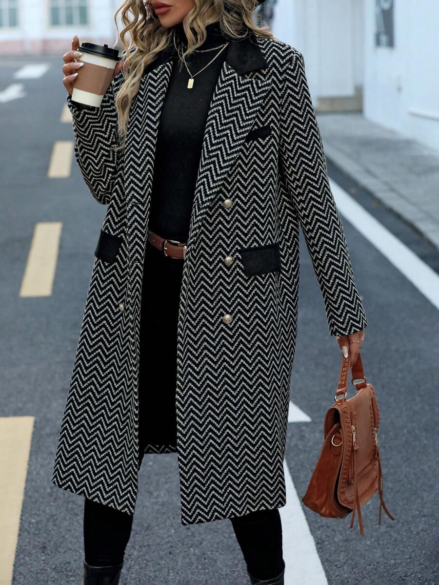 SHEIN LUNE Chevron Print Flap Detail Double Breasted Overcoat - Black - View 1