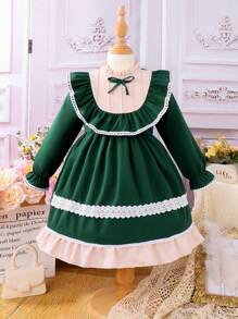 SHEIN Young Girl Ruffle Trim Flounce Sleeve Bow Front Dress - Green - View 1