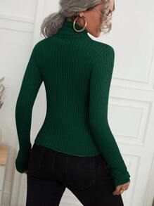 SHEIN Essnce Solid Turtleneck Ribbed Knit Sweater - Dark Green - View 2