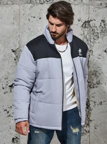 Manfinity Homme Abrigo acolchado con cremallera, bloque de color y gráfico de letras para hombre talla grande