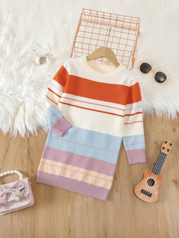 Young Girl Color Block Sweater Dress