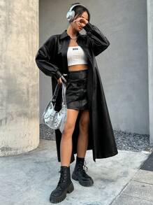 SHEIN EZwear 字母圖案落肩袖PU皮革外套 - 黑色 - 查看 4