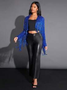 SHEIN BAE Giáng sinh Viền rìa Mở Mặt trước Kim sa Áo khoác - Xanh đậm - Xem 3