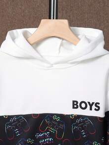 SHEIN Tween Boy Letter Graphic Colorblock Hoodie & Sweatpants - Burgundy - View 5