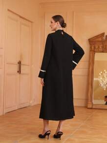 Al Najma Floral Embroidery Keyhole Neckline Contrast Tape Trumpet Sleeve Dress - Black - View 2