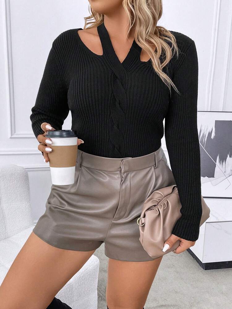 Plus Cut Out Tie Back Halter Neck Sweater Knit Pullover Fall Winter Sweater