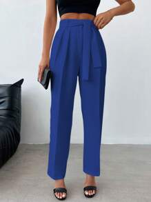SHEIN Cottnline High Waist Fold Pleated Pants - Royal Blue - View 4