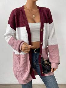 SHEIN Essnce Khối màu Túi Kép Thả vai Áo len Mở - Nhiều màu - Xem 6