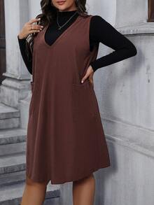 Calvaya Plus 1pc Dual Pocket Hooded Dress Without Sweater - Coffee Brown - View 4