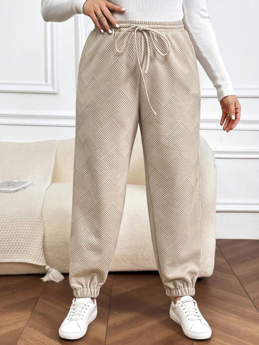 SHEIN LUNE 大碼腰部抽繩斜口袋衛褲 - 杏色 - 查看 1