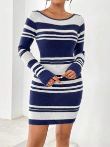 SHEIN Essnce Vestido de punto ajustado con patrón de rayas - Azul Marino - Ver 2