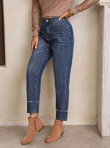 SHEIN LUNE High Waist Raw Trim Cropped Jeans