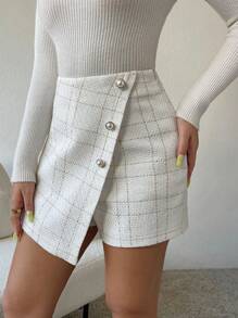 Franclia Plaid Print Button Front Tweed Skort - White - View 4