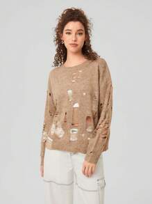 Forever 21 Pull Effet Vieilli À Épaules Tombantes Pour Femmes Avec Détails Découpés