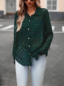 SHEIN Privé Chất rắn Nút phía trước Lưới Áo sơ mi - Màu xanh lá cây đậm - Xem 4