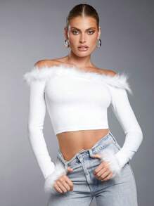 SHEIN BAE 一字肩毛茸邊短款T恤 - 白色 - 查看 1