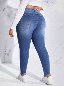 SHEIN EZwear Plus High Waist Ripped Raw Hem Skinny Jeans - Medium Wash - View 2