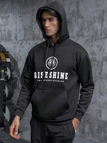 Manfinity Sport Corelite Boyfriend Style Men Letter & Wolf Graphic Kangaroo Pocket Drawstring Sports Sweatshirt Boyfriend Style Men Sweatshirt - Black - View 5