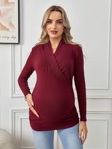 SHEIN Maternity Surplice Neck Nursing Tee - Burgundy - View 3
