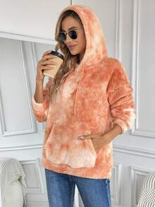 SHEIN LUNE 紮染袋鼠口袋落肩袖抽繩法蘭絨連帽衫 - 彩色 - 查看 3