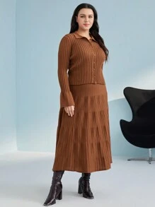 Mulvari Plus Solid Cardigan & Knit Skirt - Brown - View 5