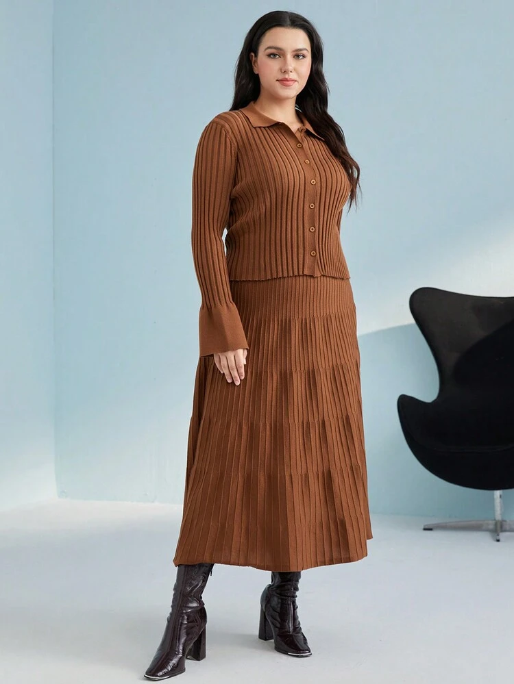 Plus Solid Cardigan & Knit Skirt
