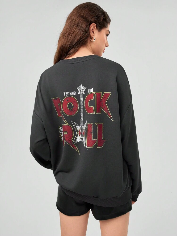 Women'S Letter Guitar Print Drop Shoulder Sweatshirt