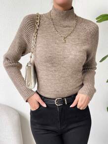 SHEIN Essnce Mock Neck Raglan Sleeve Sweater - Mocha Brown - View 7