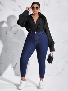 SHEIN EZwear Hơn Cao eo Quần jean ôm - Màu xanh lam - Xem 4